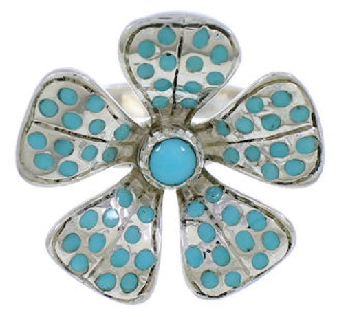 Silver Southwestern Turquoise Inlay Flower Ring Size 5 MX22523